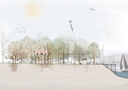 Serene urban riverside park illustration with trees, pavilion, sailboat, and distant city skyline.