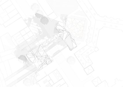 Triangulated urban pedestrian walkway architectural site plan bridging buildings with lightweight lattice canopy.