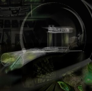 Futuristic sci‑fi reactor lens with neon green glow and ghostly tunnel interior