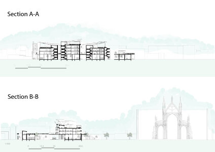 Modern and Gothic architectural section drawings showcasing diverse styles and structural details.
