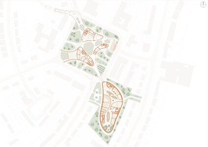 Concept site plan of organic pavilion campus masterplan across two urban parcels with landscaped paths.