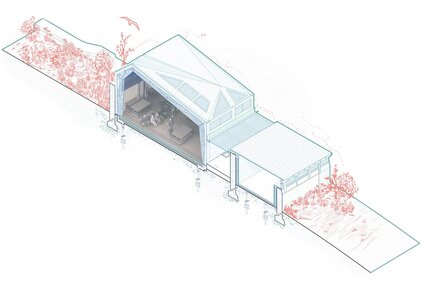 Small building design harmoniously integrated into a sloped landscape with outdoor living space.