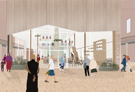 Contemporary public space featuring a glass structure, diverse visitors, and a cultural atmosphere.