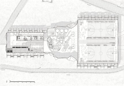 Sports facility floor plan with twin basketball courts, organic central lobby, and support rooms.
