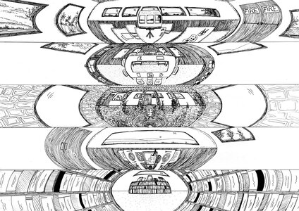 Black-and-white ink drawing of stacked fisheye 360° panoramas: transport, dining room, forest, library.