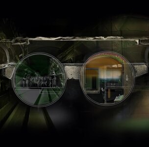 Stone spectacles reveal public hall and private home: architectural contrast in green and amber.
