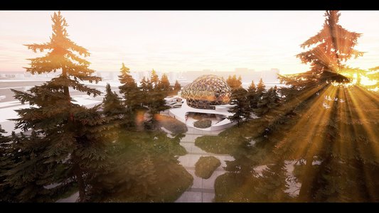 Tranquil sunrise landscape featuring lush trees and a modern dome structure.