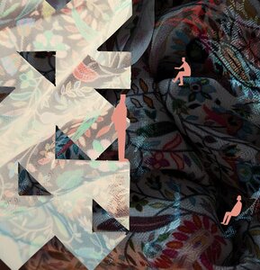 Surreal miniature explorers traverse botanical patterned textile with cream geometric overlay.