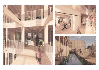 Daylit timber atrium, communal interiors, and canalside terraces in sustainable wooden architecture