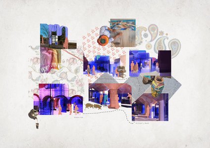 Rajasthan blue architecture travel collage with sandstone arches, paisley motifs, and robed figures, elephants.