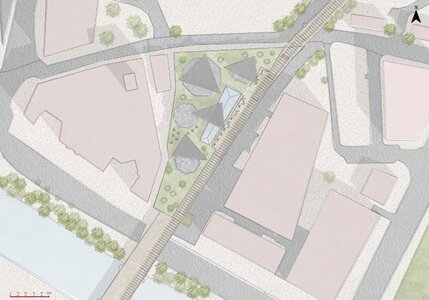 Urban site plan showing triangular plaza, diagonal corridor, landscaped park, and bridge crossing canal.