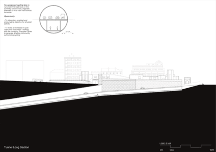 Urban road tunnel long section architectural drawing beneath city block, with typical cross-section inset.