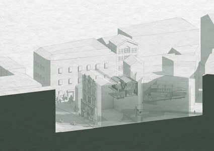 Urban architectural sketch showcasing interplay between structure and space in city design.