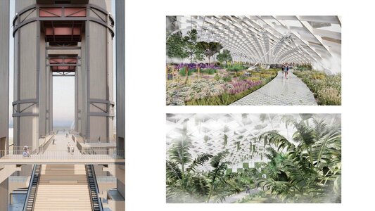 Architectural visualisation of urban greenhouse promenade under tessellated glass canopy with tropical and meadow gardens.