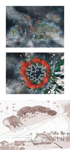 Aerial views showcasing urban development, natural geography, and integrated design strategies.