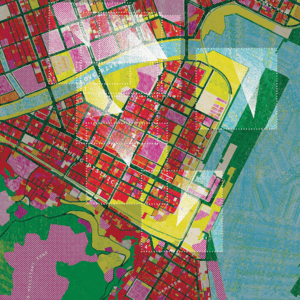 Colourful urban map illustrating city layout, land use, and green spaces.
