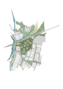 Urban park design with central green space, waterways, and surrounding infrastructure.