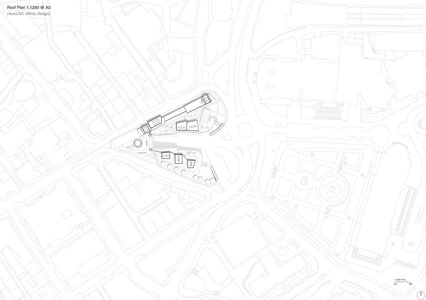 Architectural urban infill masterplan site plan around central multi-arm roundabout, proposed blocks and courtyards.