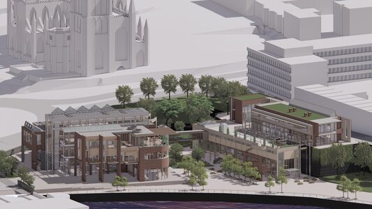 Urban development by water: integrating modern design with green spaces and historical architecture.