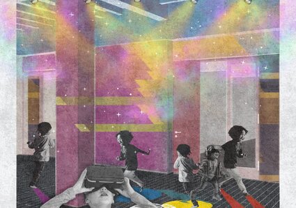 Children enjoying an immersive virtual reality adventure in a vibrant, colourful environment.