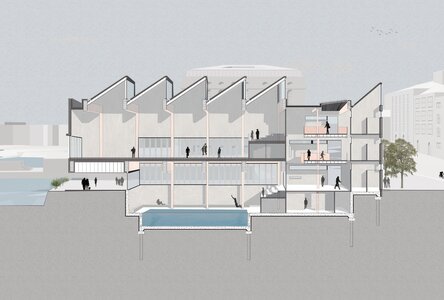 Contemporary waterfront architectural section with sawtooth roof, clerestory glazing, mezzanine, daylit hall and basin.