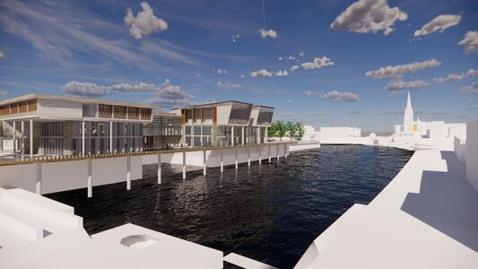 Contemporary marina architecture showcasing sleek buildings and serene waterfront views.