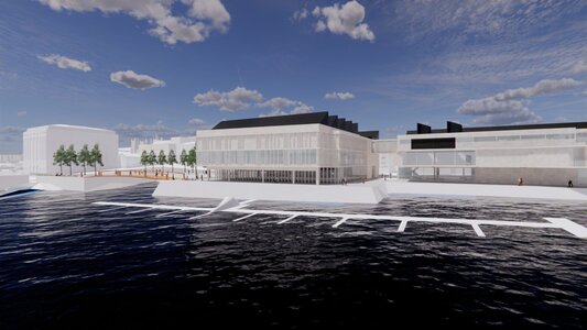 Modern waterfront architectural rendering with glazed promenade buildings, trees, and a calm urban public realm.