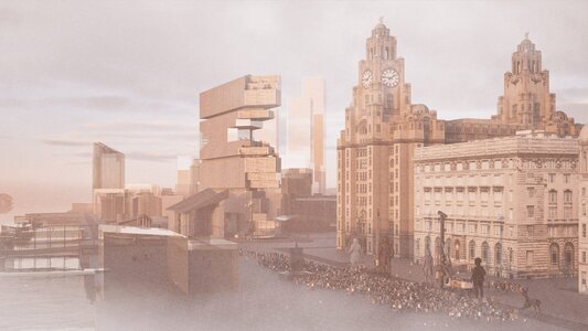 Misty sepia Liverpool waterfront cityscape featuring the Three Graces and modern cantilevered building.