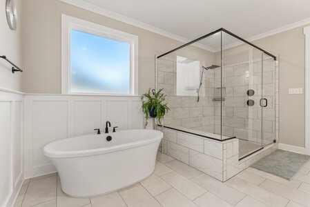 Luxury bathroom featuring a stylish freestanding tub and walk-in shower for upscale home design.