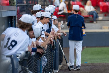 Young baseball team sitting on bench listening to coach.