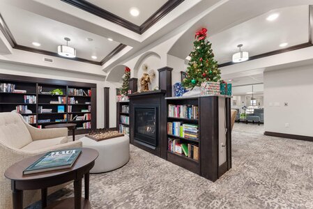 Decorative Christmas trees and bookshelves in a festive living room setting.