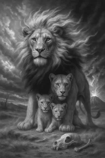 The lion, alongside its lineage, stands as guardian.Its steady gaze sustains the land,a reflection of the man who protects, guides,and gives meaning to his community. León macho con una leona y dos cachorros en un paisaje dramático, alegoría del pilar social del hombre.