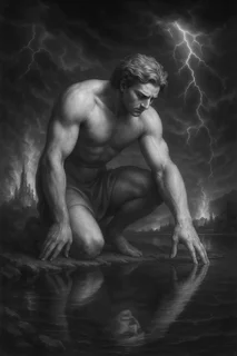 The man leans over the water, hypnotized by his reflection.He does not see the world, only the image he believes himself to be, prisoner of his own gaze. Joven musculoso arrodillado, observando su reflejo en un lago oscuro con tormenta al fondo.