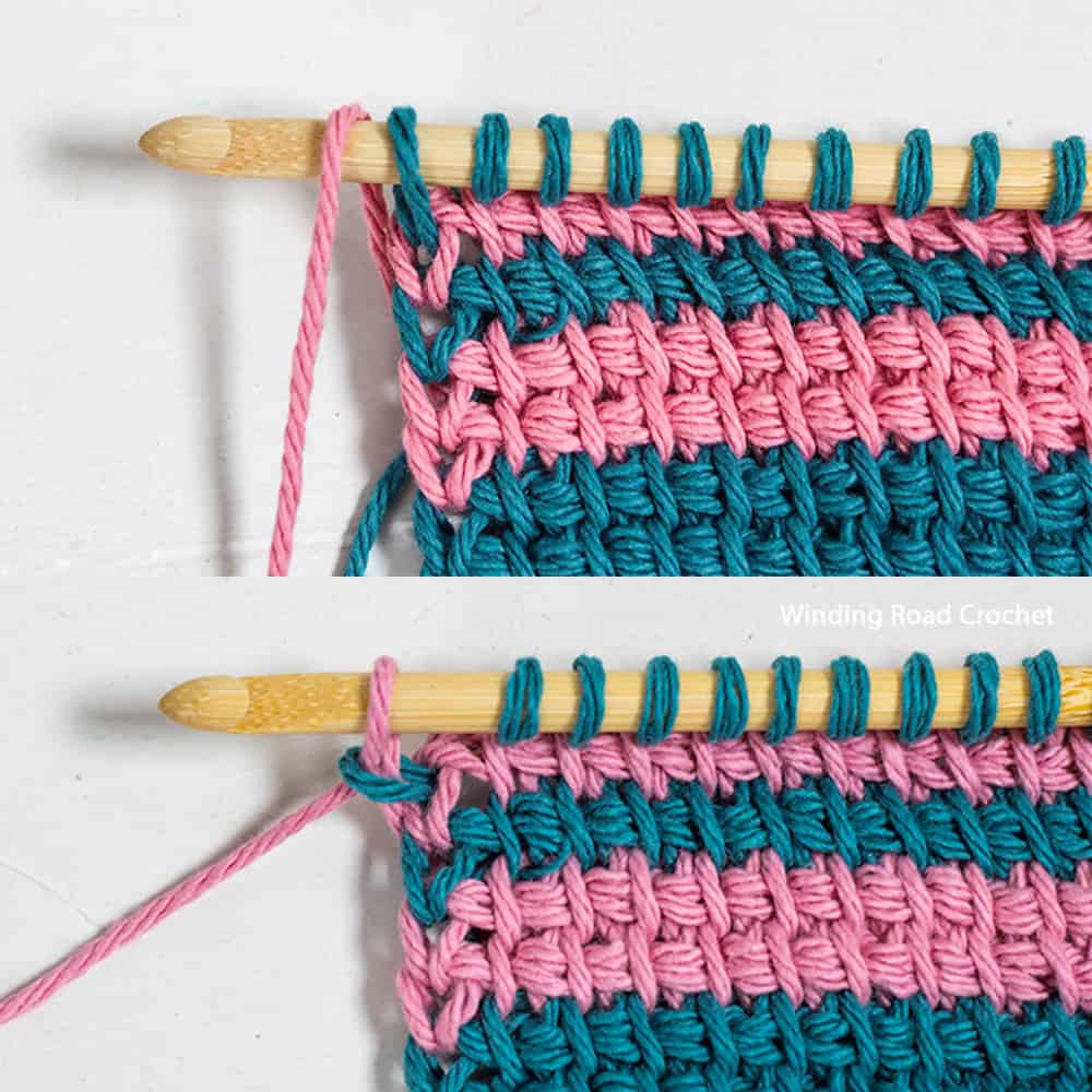 Learn how to change colors in Tunisian Crochet two different ways during lesson 4 of the free Tunisian crochet course with video tutorials.