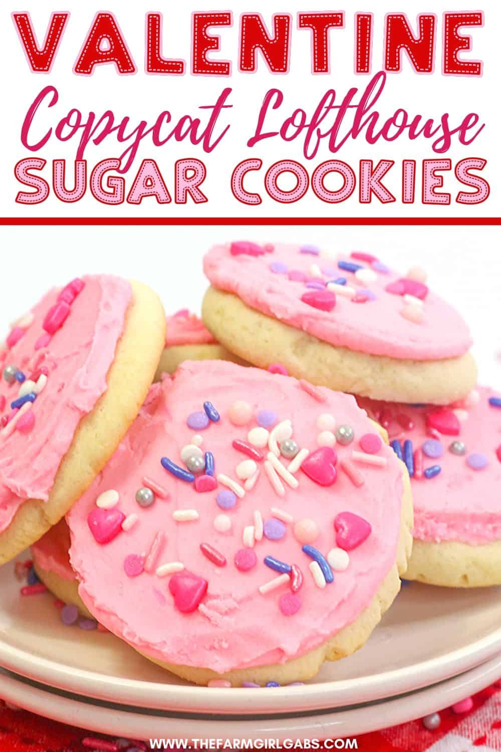 These soft and buttery Valentine Lofthouse Sugar Cookies are the perfect sweet treat. These sour cream cookies are topped with sweet frosting and sprinkles. This is an easy sugar cookie recipe that requires no rolling. You can make them for any season or holiday by just changing the color of the frosting. #sugarcookies #lofthousecookies #valentinesdayrecipe #partyidea