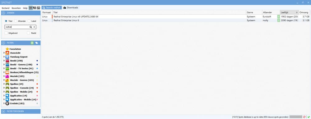 Downloads zoeken met Spotnet via de zoekfunctie of het menu.