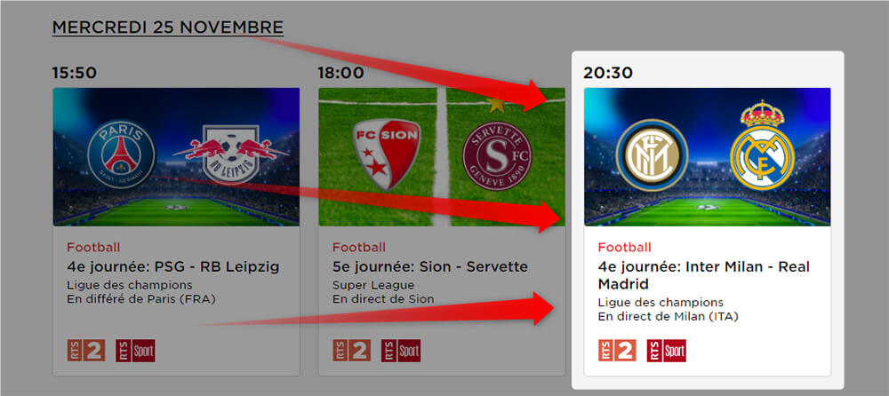 Programme RTS LDC Inter Milan Real Madrid