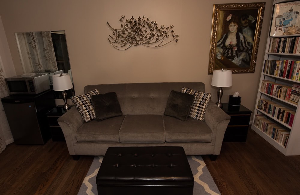 Sitting Area, with books, fridge, microwave and artwork.