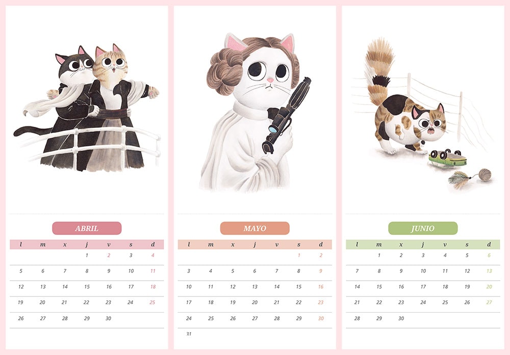 calendario de gatos 2021, ilustraciones de gatos, Titanic, James Cameron, Star Wars, Princesa Leia, George Lucas, Jurassic Park, Parque jurásico, Steven Spielberg, gatos de cine,