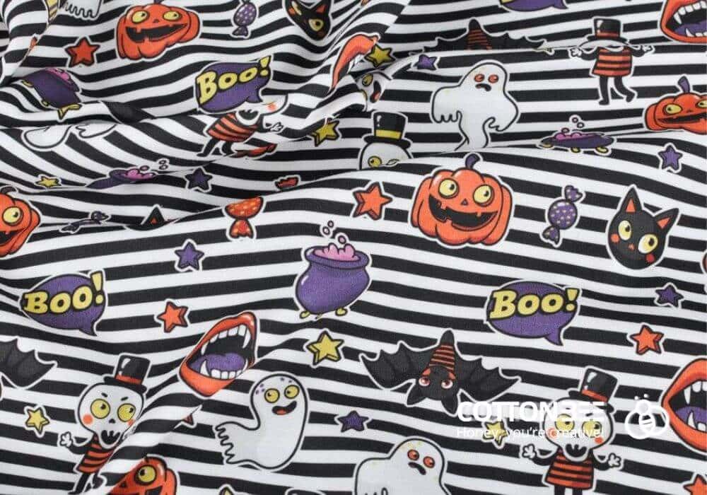 Materiał do szycia we wzór na Halloween wydrukowany w CottonBee. material z wzorem do szycia w dynie, nietoperze, cukierki