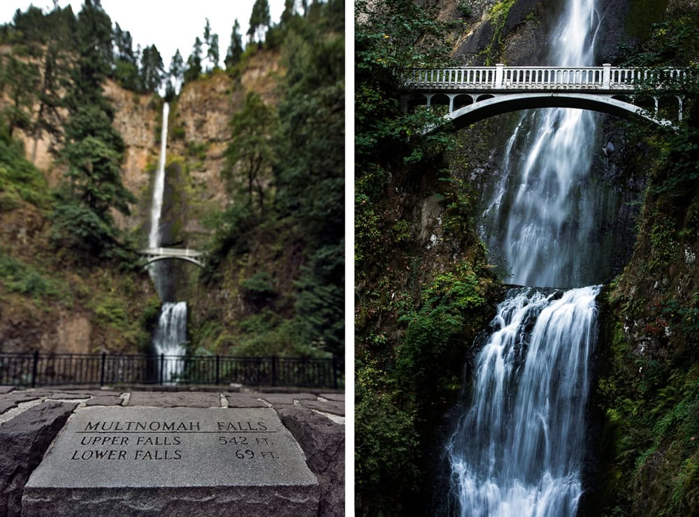 multnomah falls sign showing information and a closeup of the falls.