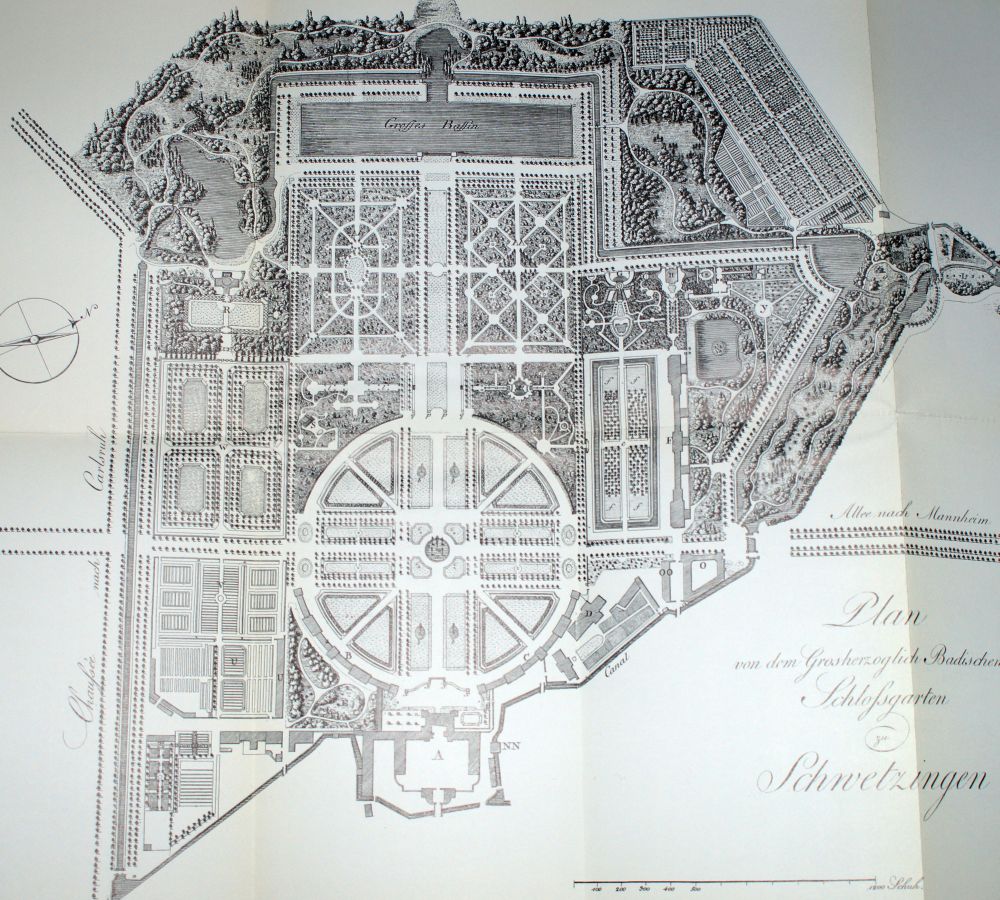 Der Plan, den Zeyher in seiner 1824 erschienenen Beschreibung des Schwetzinger Schlossgartens einfügte, entspricht nicht mehr vollständig den heutigen Gegebenheiten Plan Schwetzingen Park