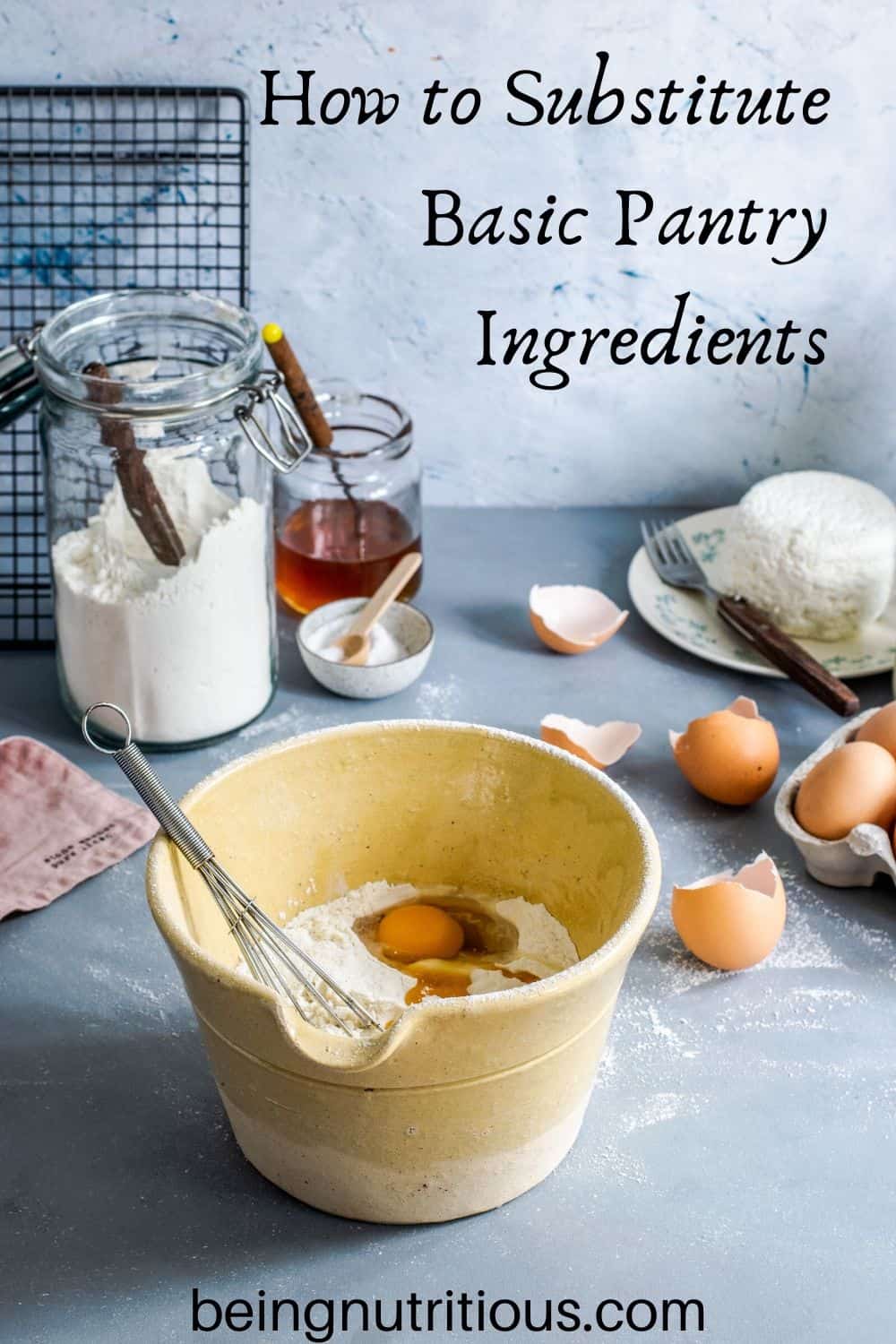 Table with baking ingredients on it, and a bowl with flour and eggs in it.