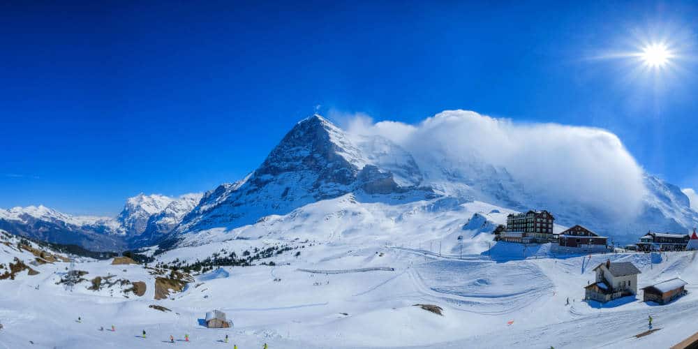 Panoramic view from Kleine Scheidegg station, along the railway from Interlaken to Jungfraujoch (3,466 m). In daylight at Switzerland