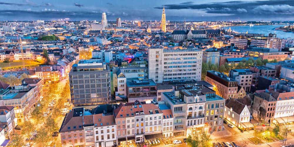 Antwerp, Belgium. Aerial city view at night
