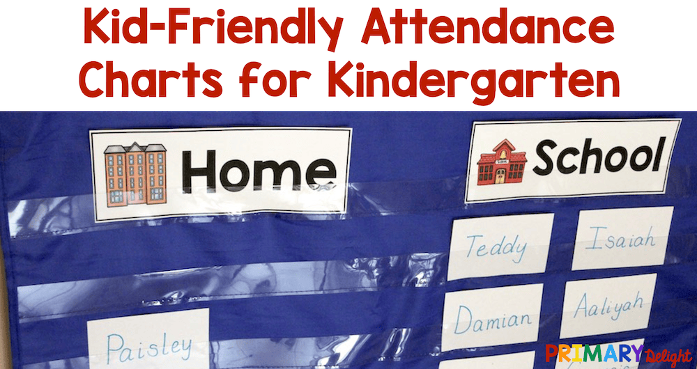 Text: Kid-Friendly Attendance Charts for Kindergarten. Photo of a pocket chart with headings that say "Home" and "School." Students move their name cards to indicate their attendance.