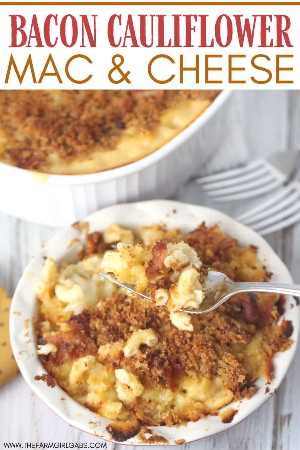 Bacon Cauliflower Macaroni and Cheese is the ultimate comfort food. Creamy macaroni and cheese are mixed with flavorful bacon and farm fresh cauliflower.