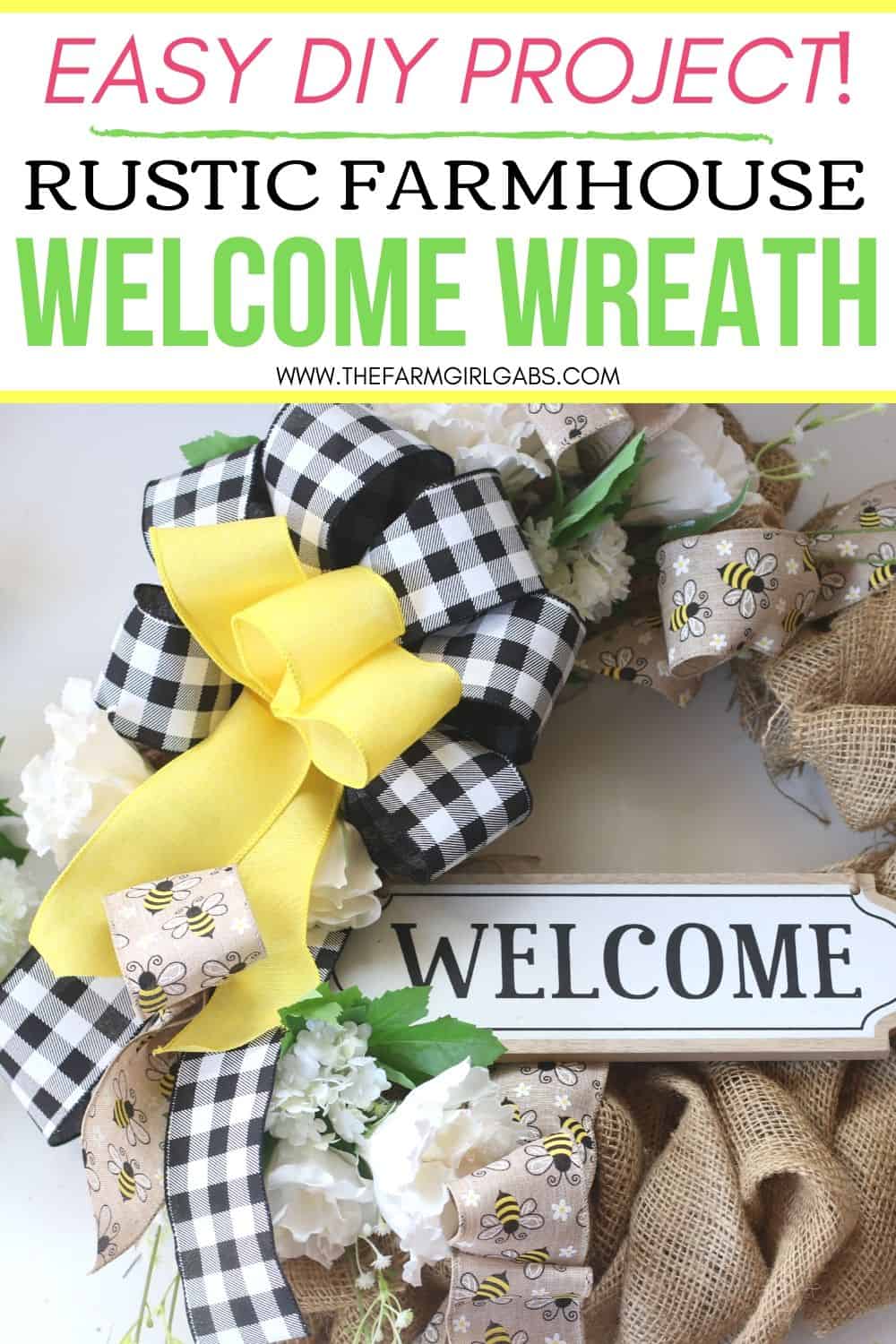 Add a welcoming touch of farmhouse style to your front door or entryway. This Rustic Farmhouse Welcome Wreath is an easy DIY project. This spring Farmhouse Style Welcome Wreath is the perfect way to say hello to warmer weather and sunny days. Farmhouse decor is an eclectic mix of rusticness, warmth, traditional and chic styles. It's simple and clean style focuses on a neutral color palette but can easily have a splash of bold color mixed in. #ad #theribbonroll #farmhousestyle #farmhousedecor