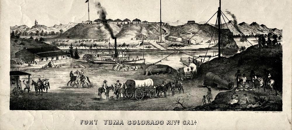 Lithograph from 1875 showing Colorado River at Yuma with horse-drawn covered wagon in the foreground.