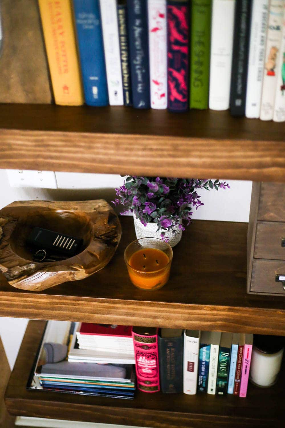 close-up of floating shelves in living room